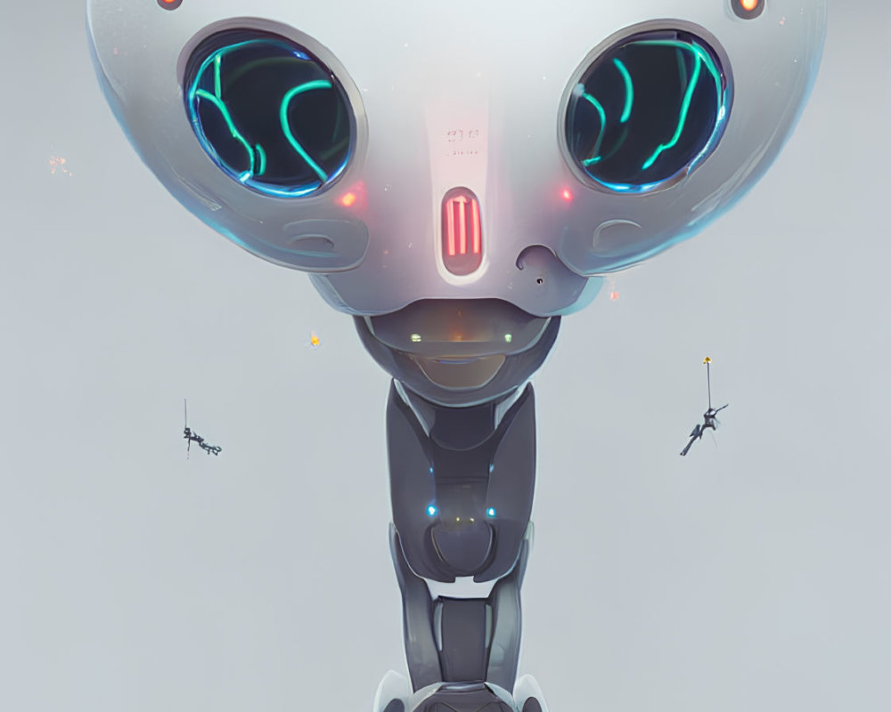 Futuristic humanoid robot with oval head and glowing blue eyes