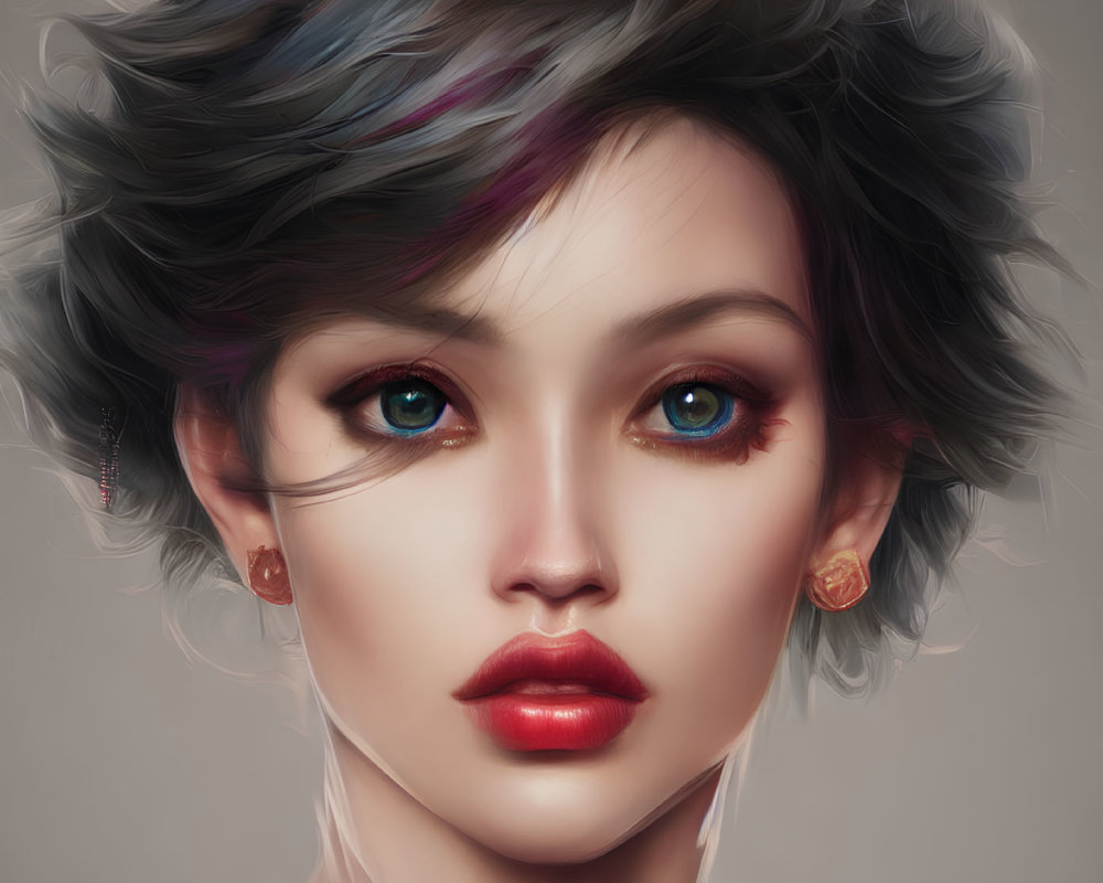 Colorful digital portrait of a fictional woman with blue eyes and multicolored hair.