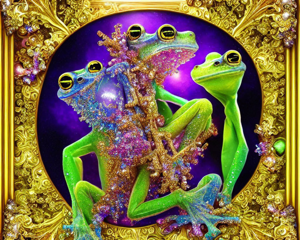 Sparkling whimsical frogs on cosmic backdrop with golden border