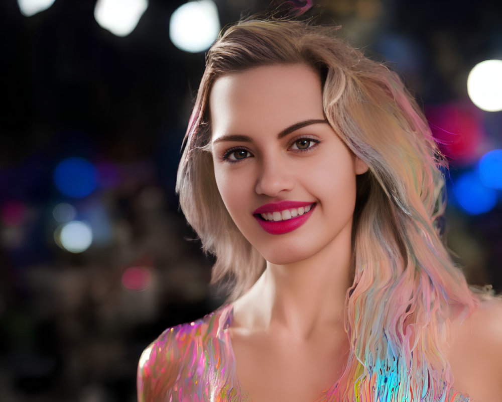 Colorful-haired woman smiles in vibrant night scene