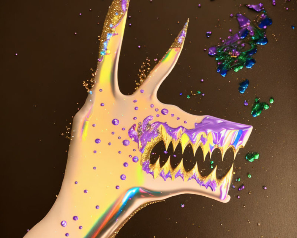 Multicolored paint hand creates illusion of sharp-toothed mouth on dark background