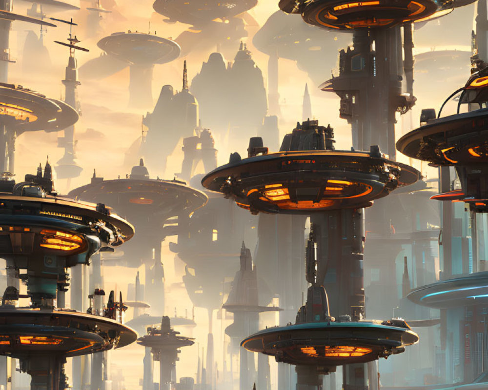 Futuristic cityscape with skyscrapers and floating platforms