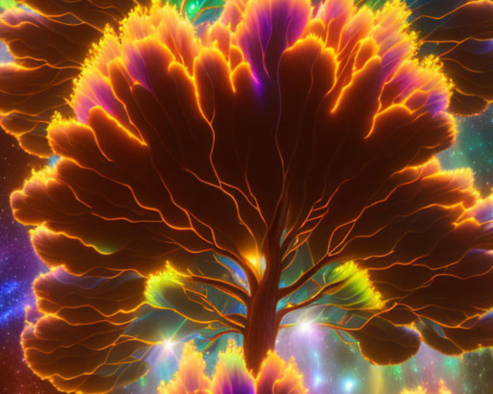 Neon-colored tree art in cosmic setting