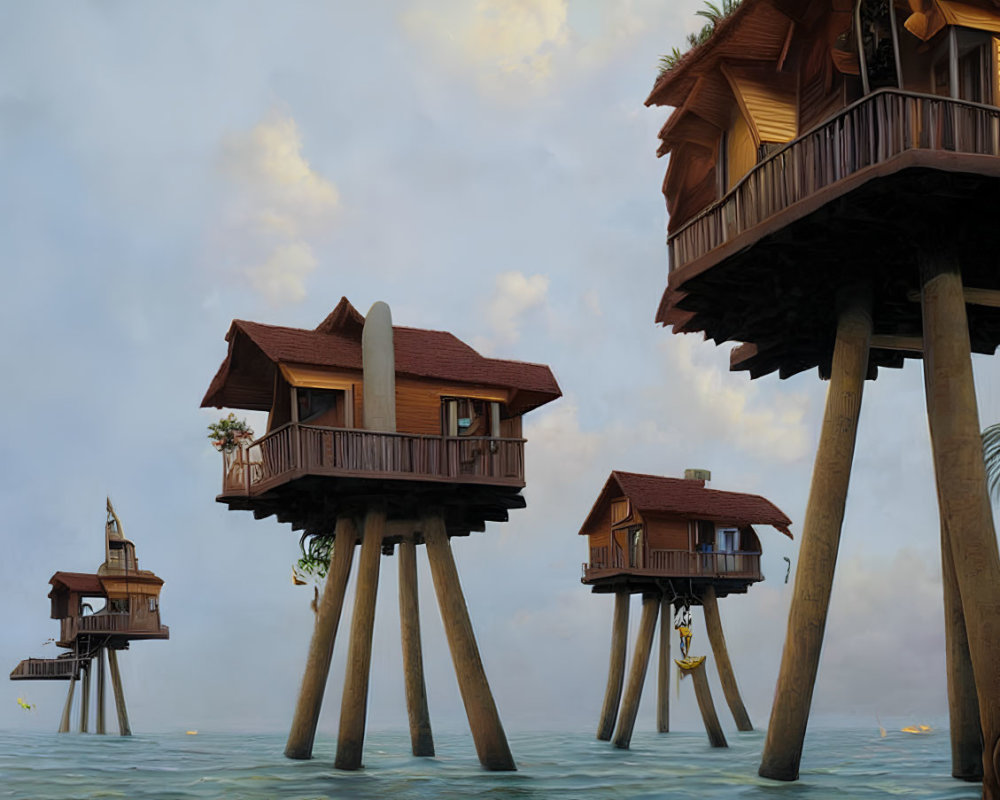 Wooden stilt houses over water at twilight with clear skies and gentle waves