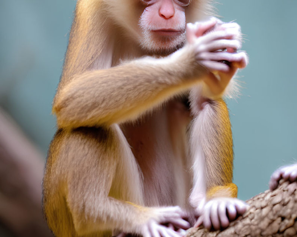 Pensive patas monkey sitting on branch with hand to mouth