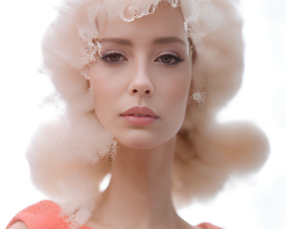 Avant-garde white hair styled in intricate updo, snowflake earrings, coral top.