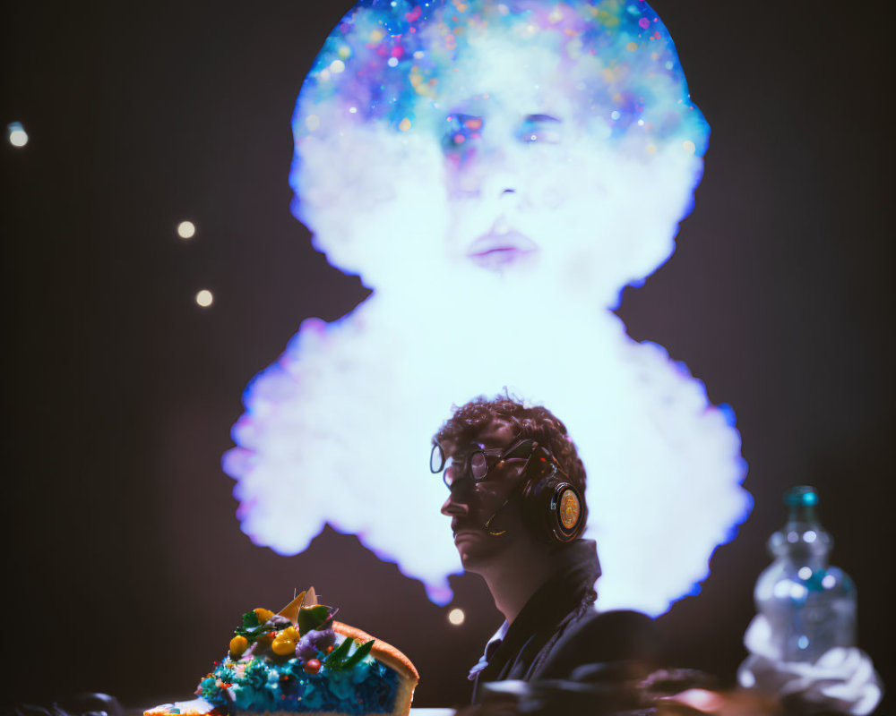 Person with headphones at table with cake and water bottle against cosmic starry silhouette background
