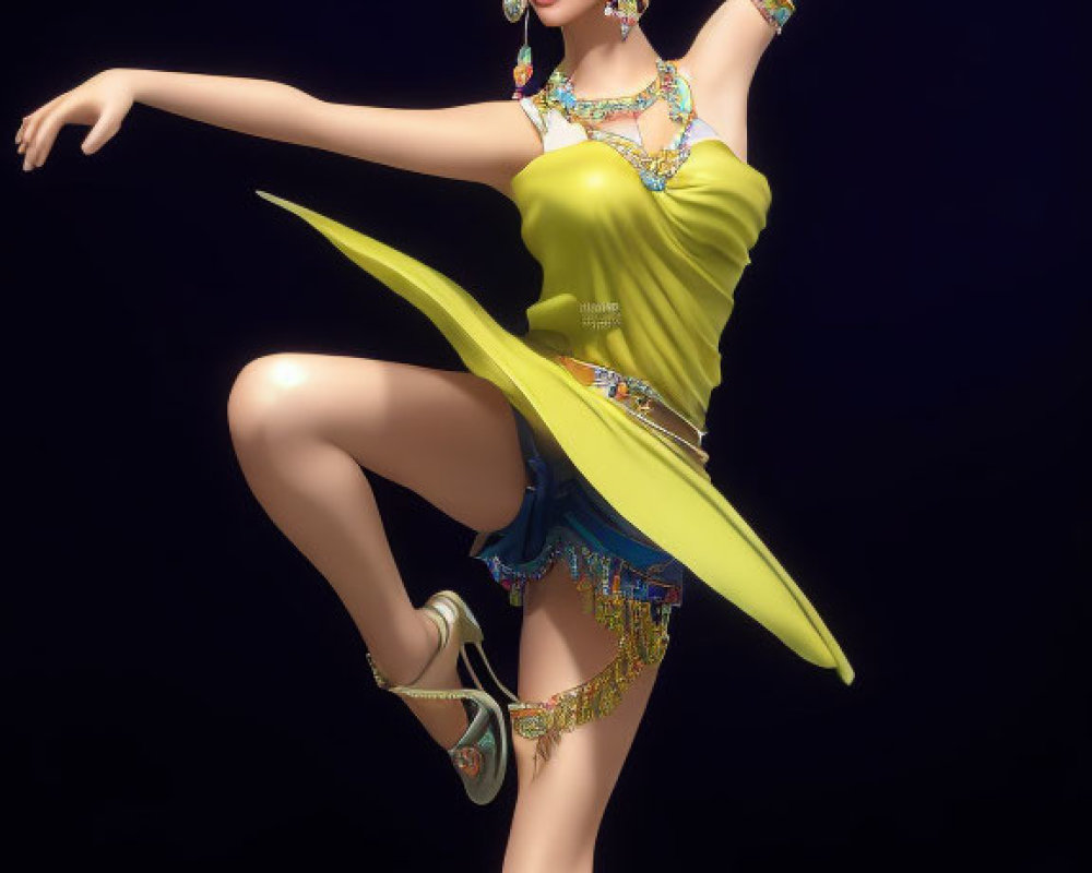 3D digital illustration of woman in green dance pose with gold and blue jewelry