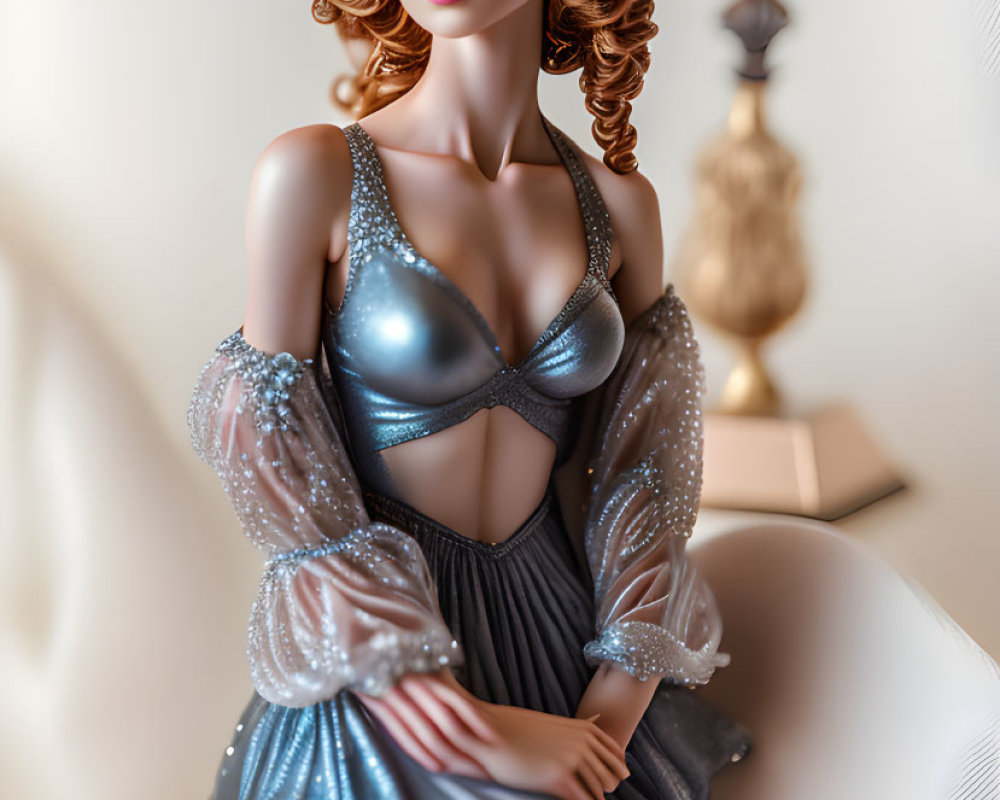 Detailed Woman Figurine: Auburn Hair, Silver & Blue Celestial Gown
