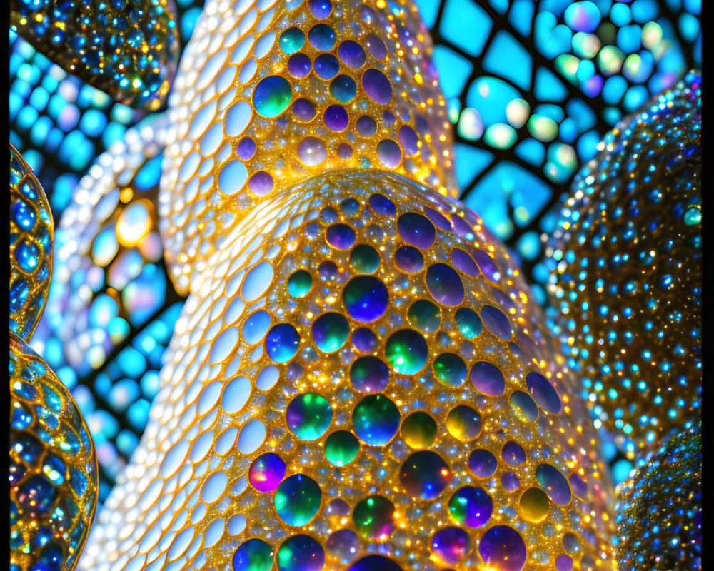 Vibrant close-up of colorful light installation with honeycomb pattern and reflective surfaces