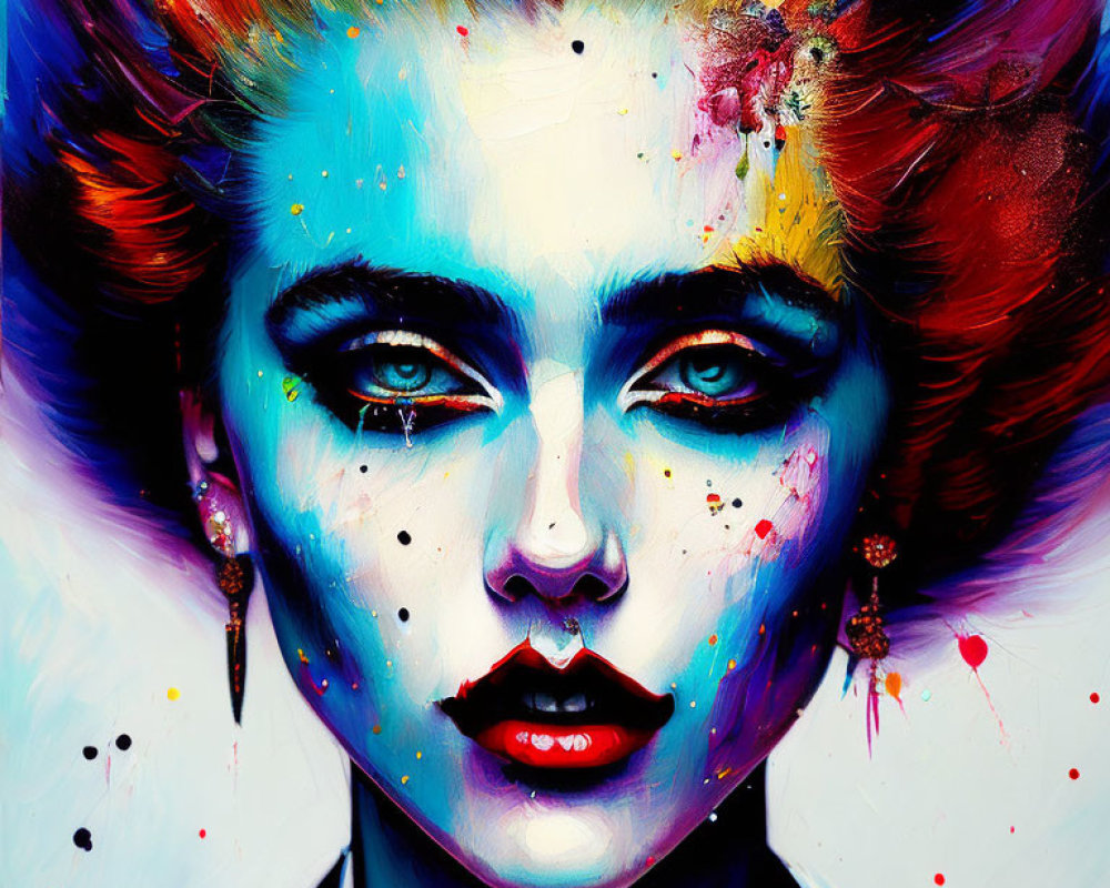 Vibrant rainbow hair and splattered paint effects on woman's portrait