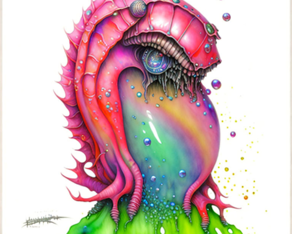 Vibrant psychedelic creature with pink spiky back and rainbow body.