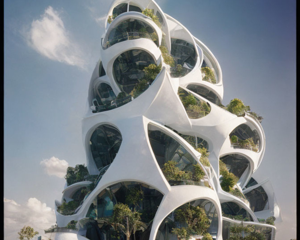 Organic bubble-like futuristic building with large glass windows in green surroundings.