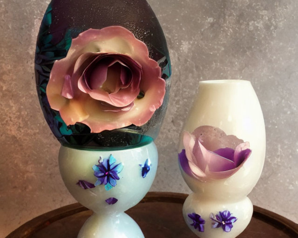 Floral Design Chocolate Egg and Cup Displayed on Pedestals