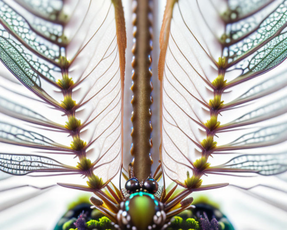 Detailed close-up of a dragonfly's transparent wings and intricate veining on a light background