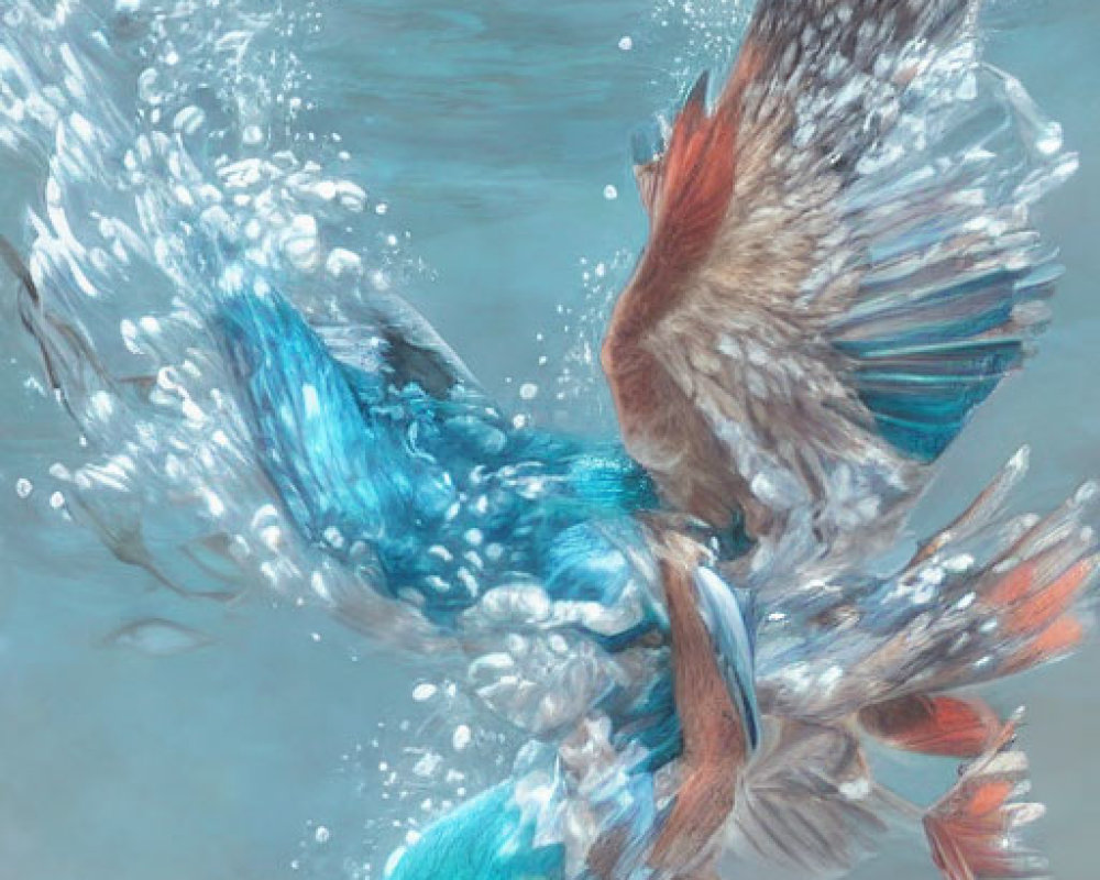 Colorful kingfisher diving underwater surrounded by fish and bubbles