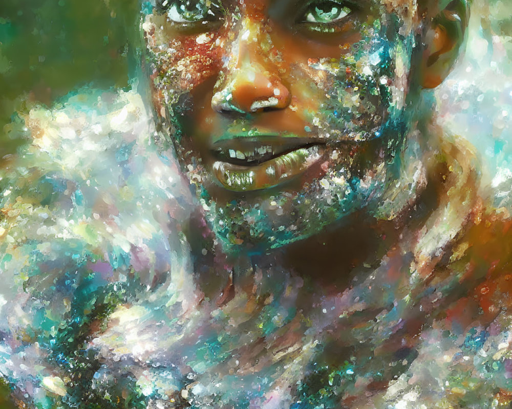 Colorful cosmic-themed digital painting of a person with nebula-like patterns