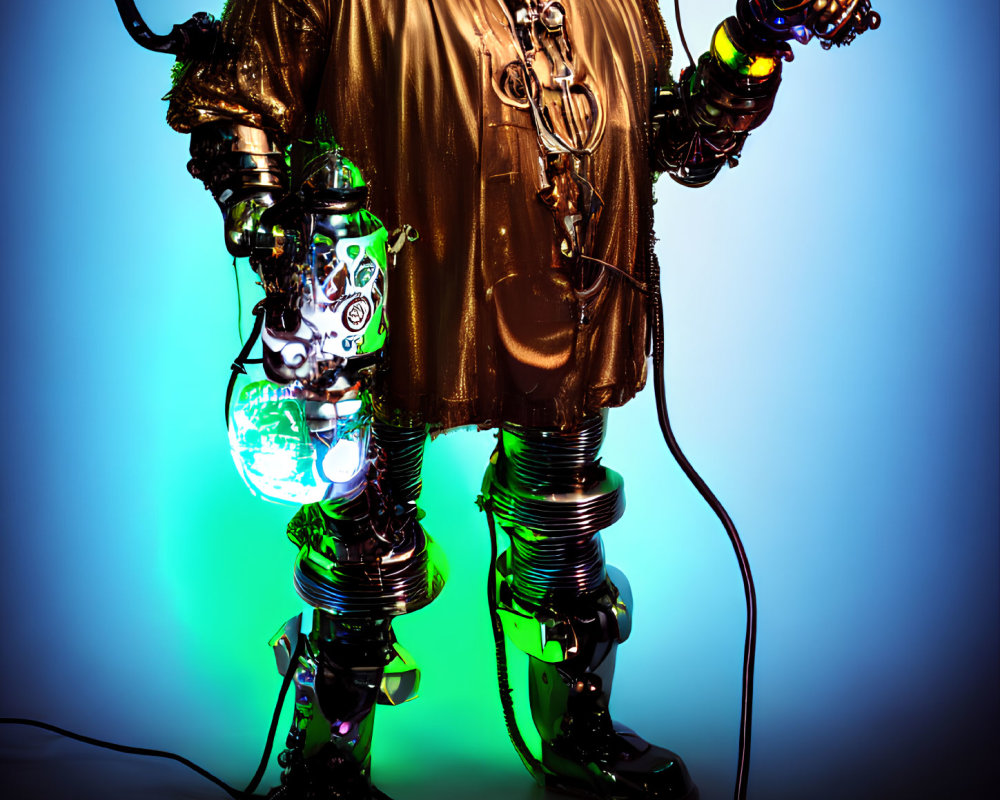 Futuristic steampunk costume with robotic limbs and vibrant lighting