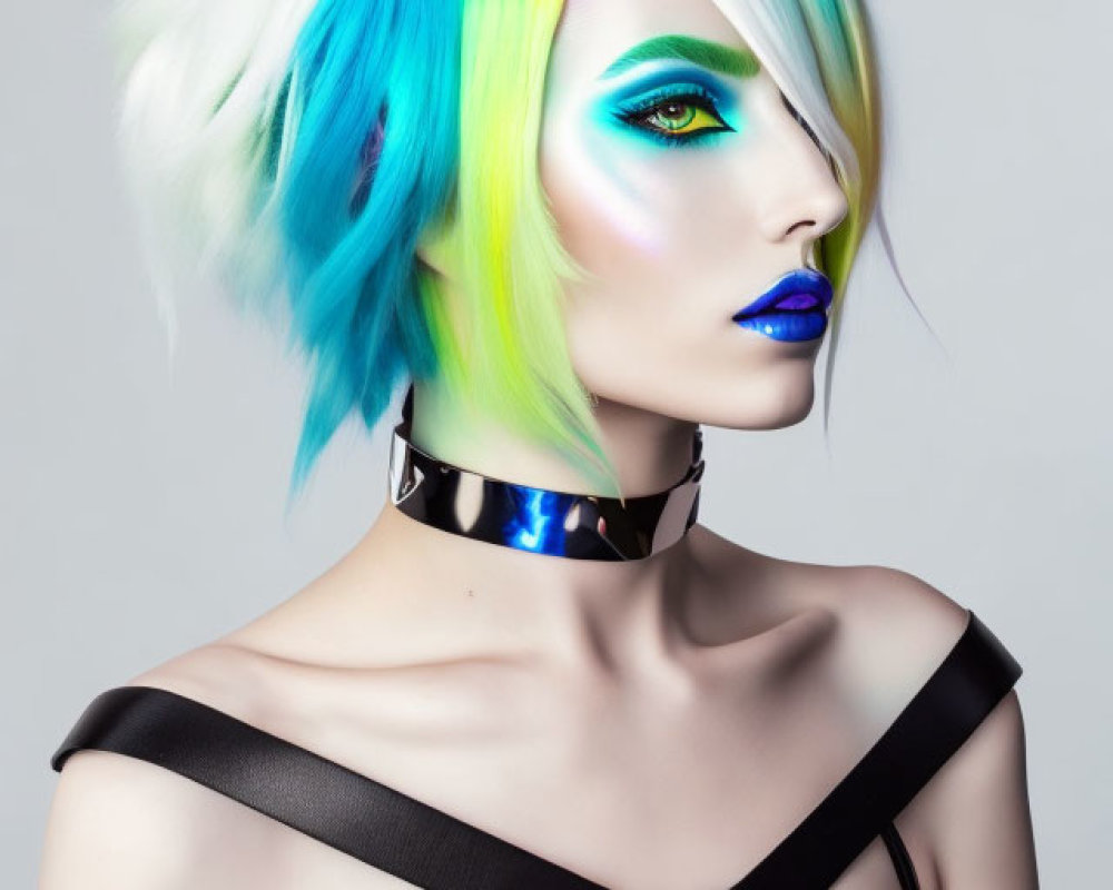 Vibrant multicolored hairstyle, bold makeup, choker, and silver pendant outfit