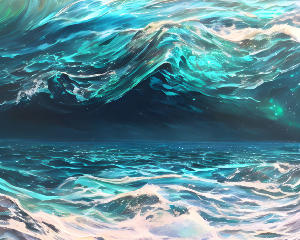 Ocean waves blending blues and whites under pastel sky, framed by dark mountains.