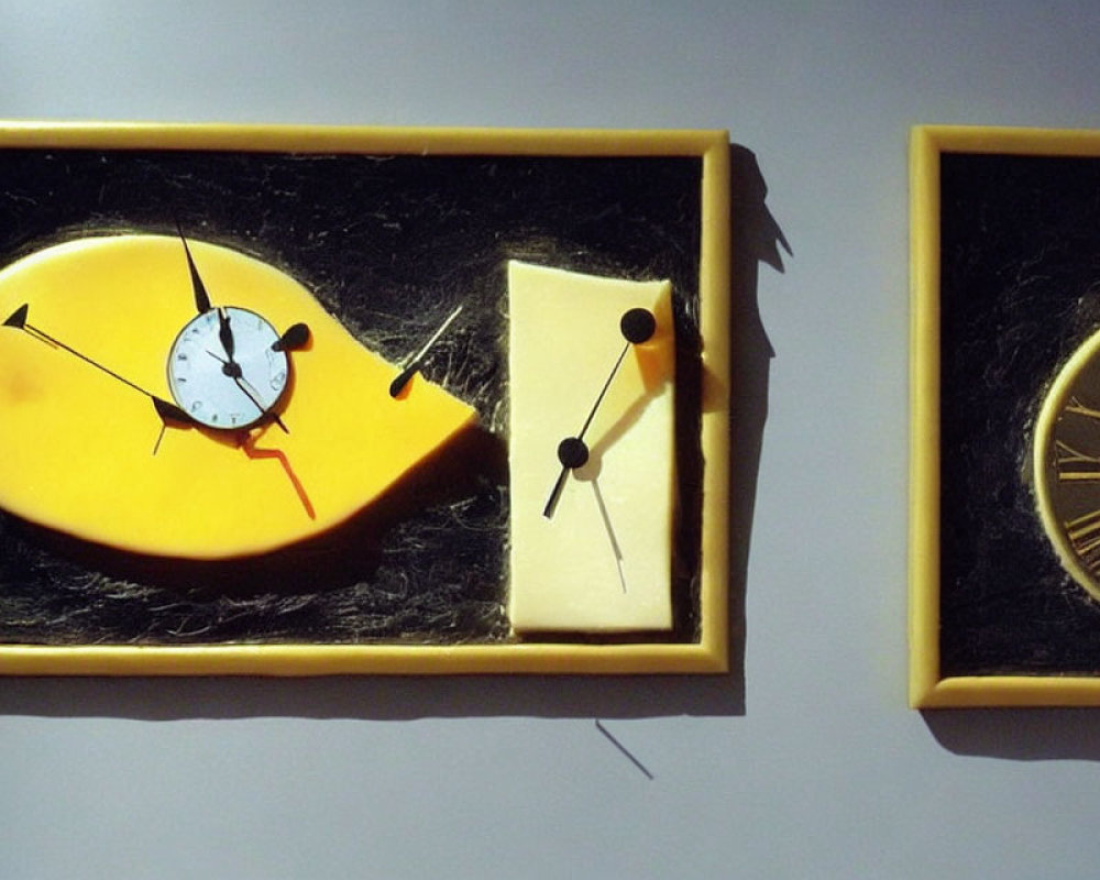 Distorted melting wall clocks on grey background in surrealist style