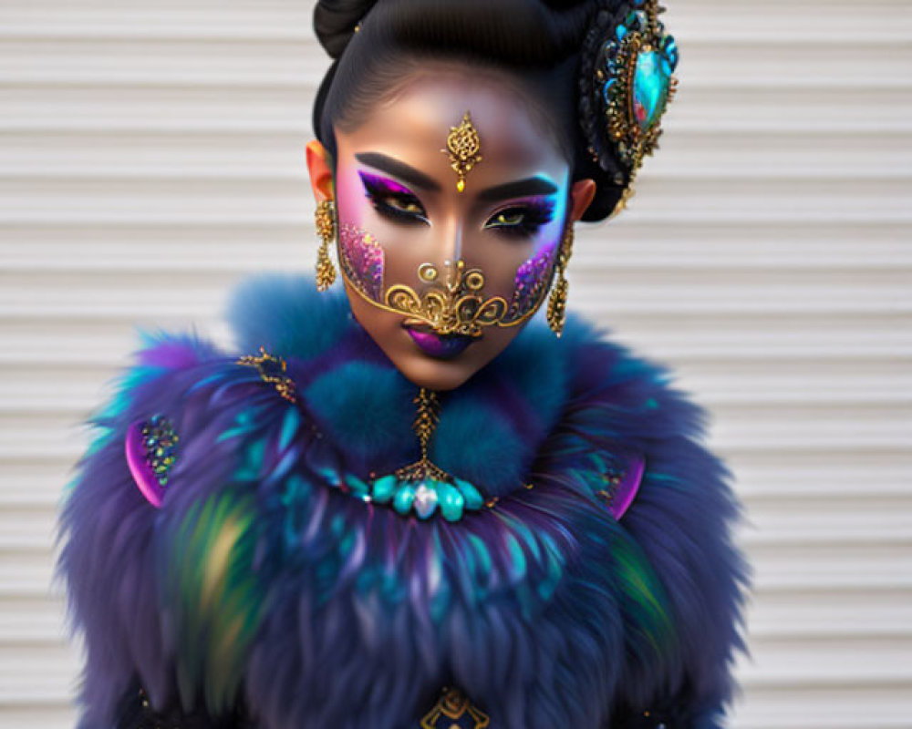 Person adorned in extravagant makeup, jeweled mask, feathers, and colorful attire with blue fur