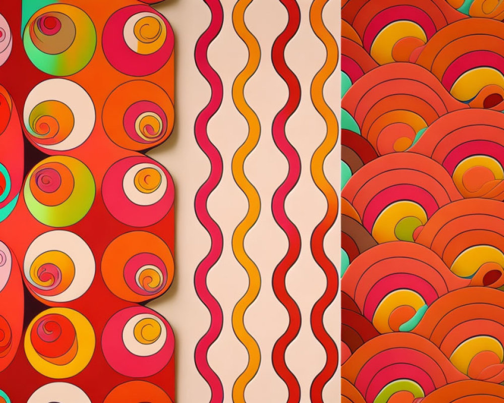 Vibrant Abstract Pattern with Geometric Shapes and Swirls in Red, Orange, and Be