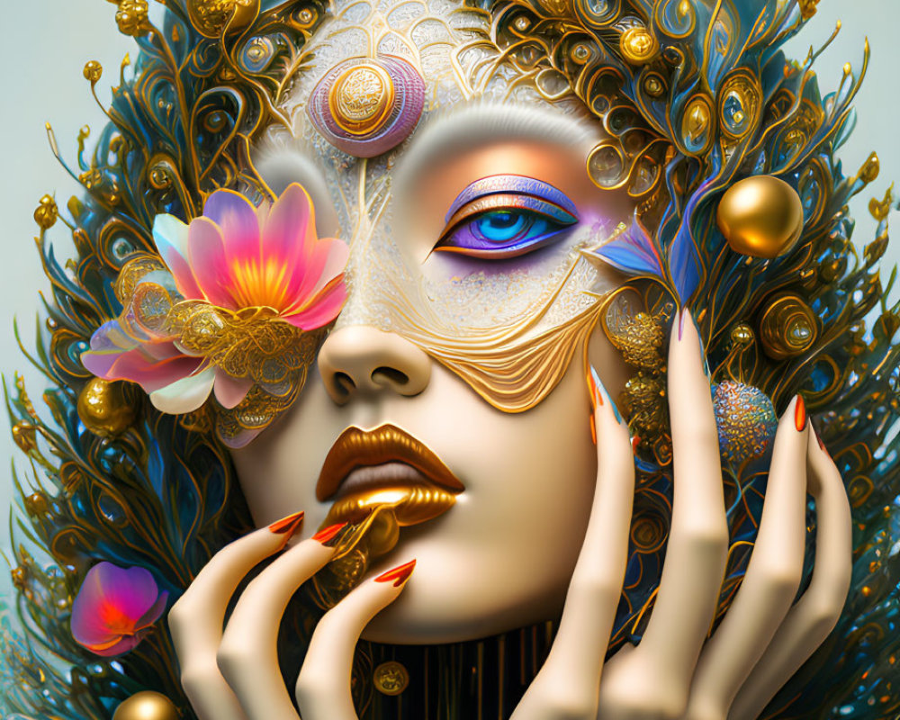 Detailed digital artwork: Woman with golden embellishments, colorful eye, and butterflies