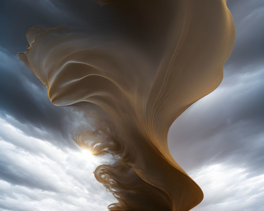 Surreal desert landscape with swirling sand structure under dramatic sky