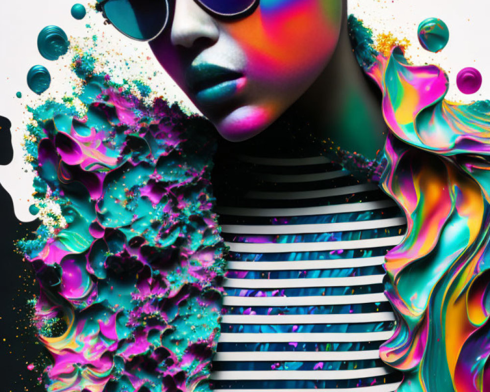 Vibrant digital art: person with sunglasses and striped hat in colorful liquid textures