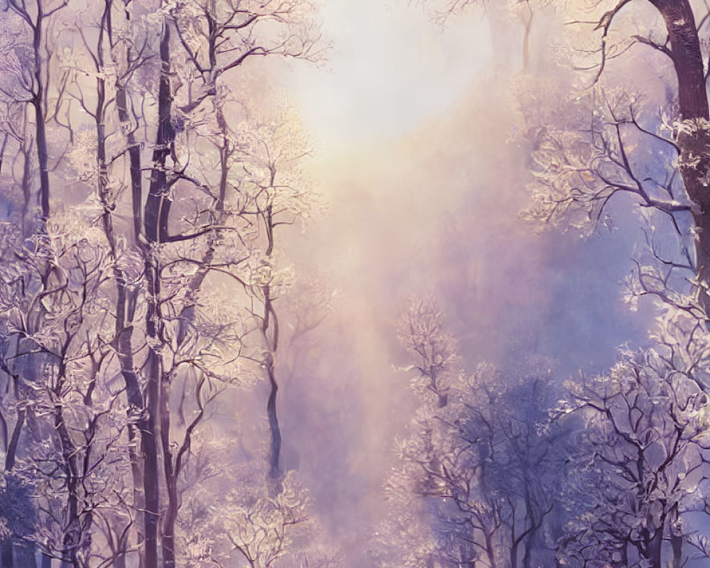 Tranquil snowy forest with bare trees and soft sunlight in misty winter scene