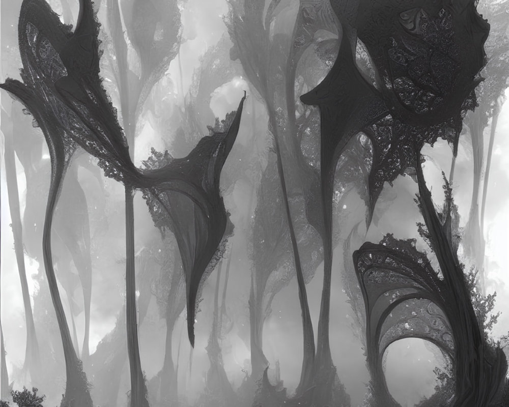 Mysterious Monochrome Forest with Alien-Like Trees