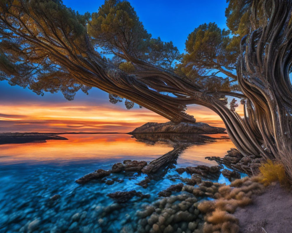 Tranquil sea sunset with twisted trees and rocky island horizon