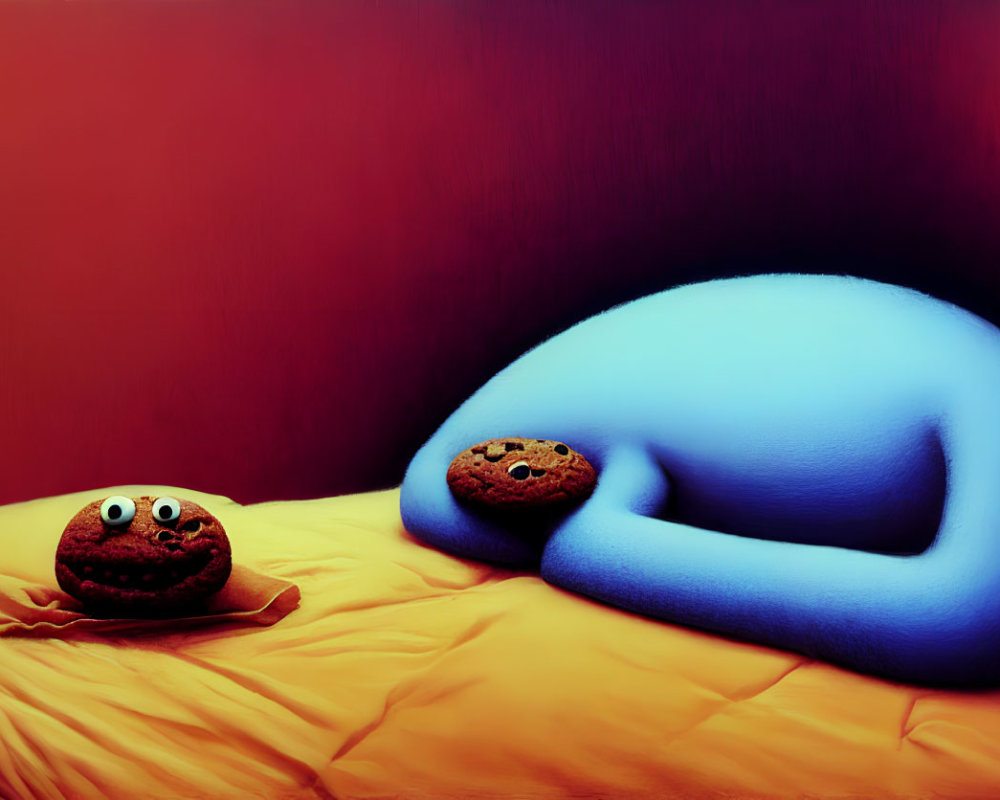 Surreal artwork: Blue figure sleeps on orange bed with cookie characters