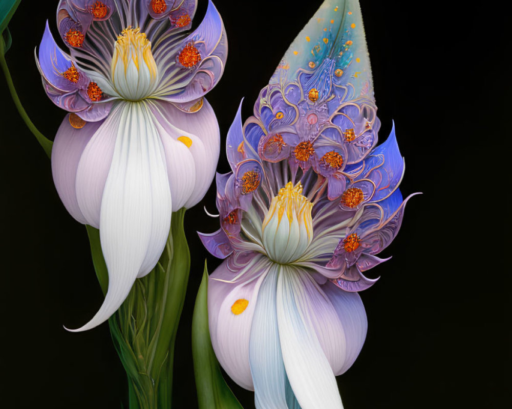 Surreal white flowers with purple and blue patterns on dark background