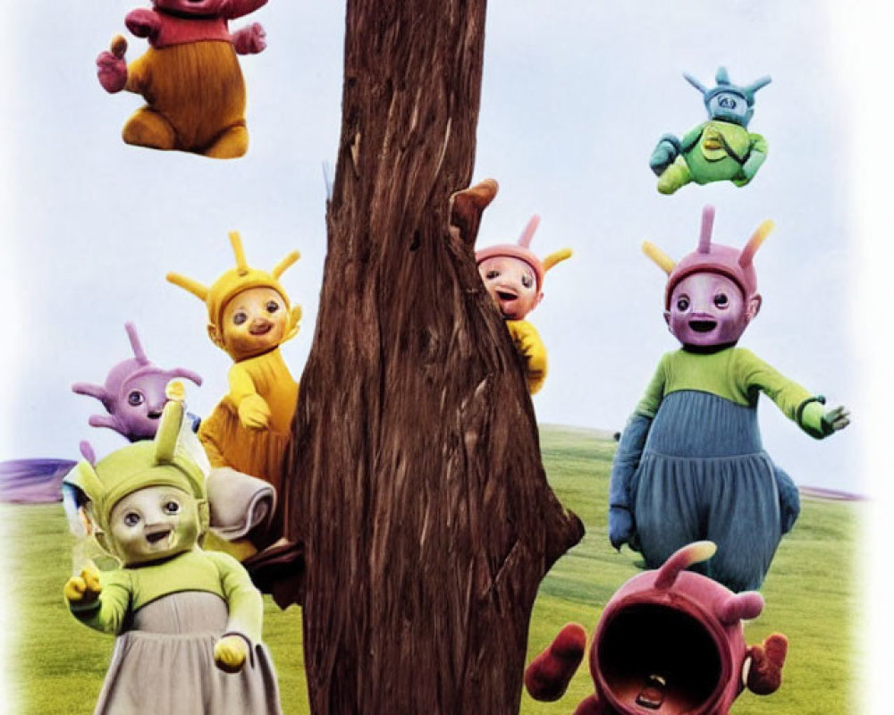 Whimsical characters with TV-shaped heads in a grassy field