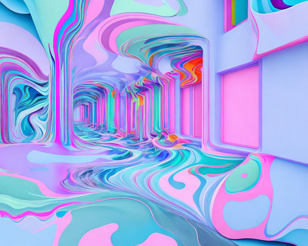 Colorful Psychedelic Swirls in Surreal Infinite Hallway