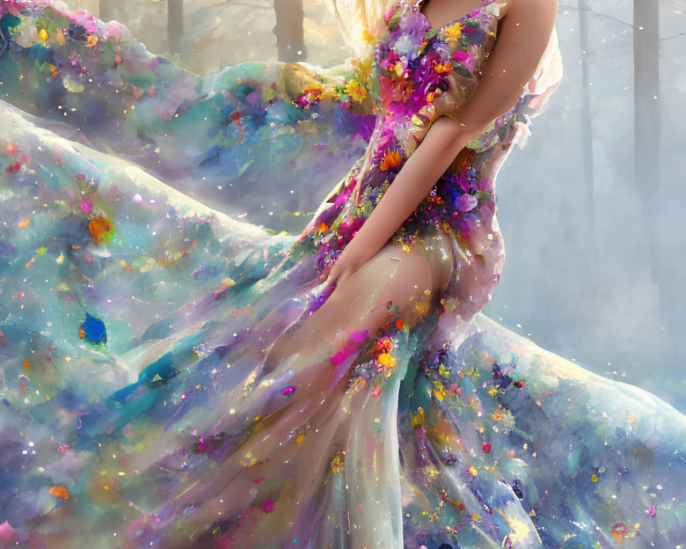 Woman in Colorful Floral Dress Standing in Misty Forest