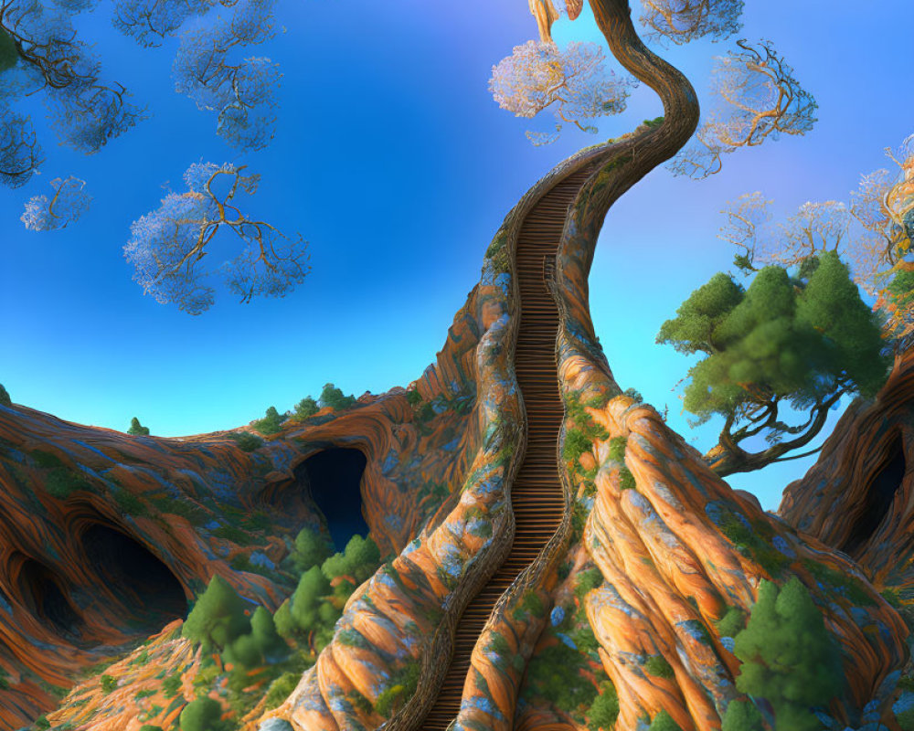 Surreal digital artwork of twisted wooden pathway and vibrant tree