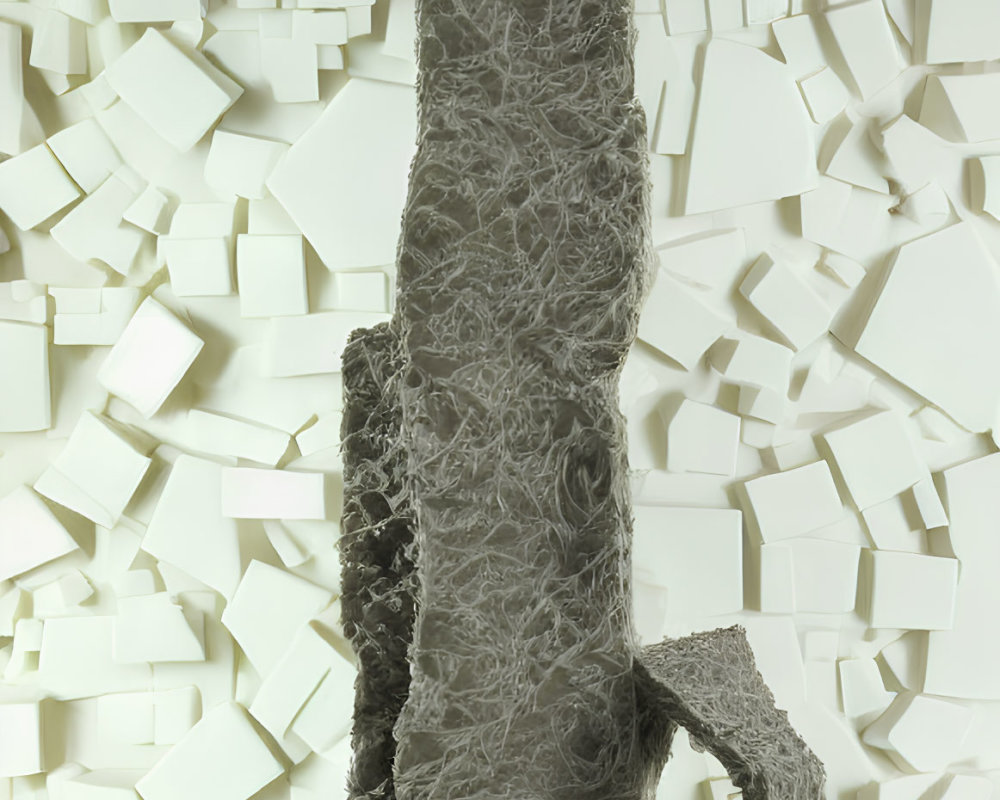 Textured column with branching arms in surreal composition with white cubes