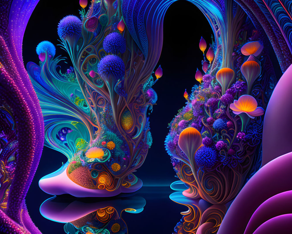 Colorful digital artwork with psychedelic swirls and floral designs in purple, blue, and orange hues on