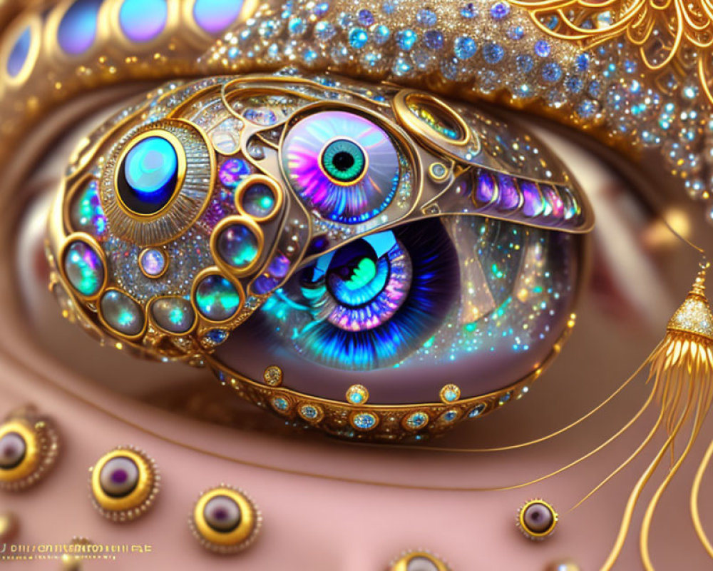 Detailed digital artwork: mechanical eye with blue irises in ornate, surreal setting