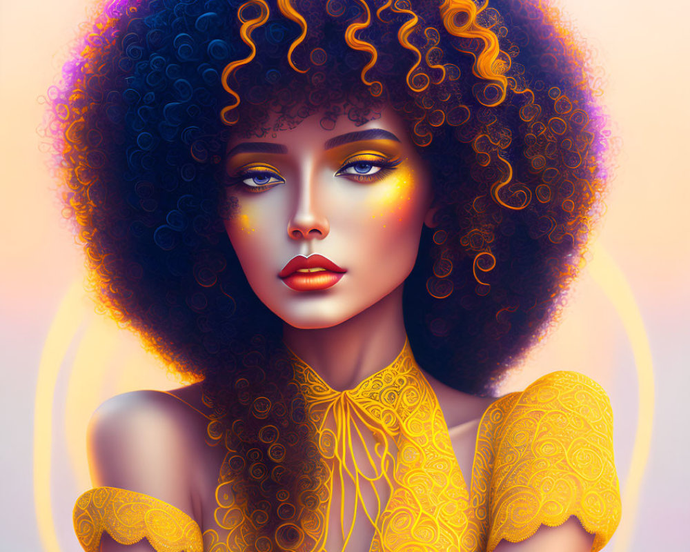 Detailed portrait of woman with curly hair and bold makeup on gradient backdrop in yellow lace.
