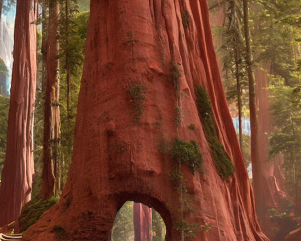 Giant redwood tree with tunnel in sunlit forest and staircase adjacent