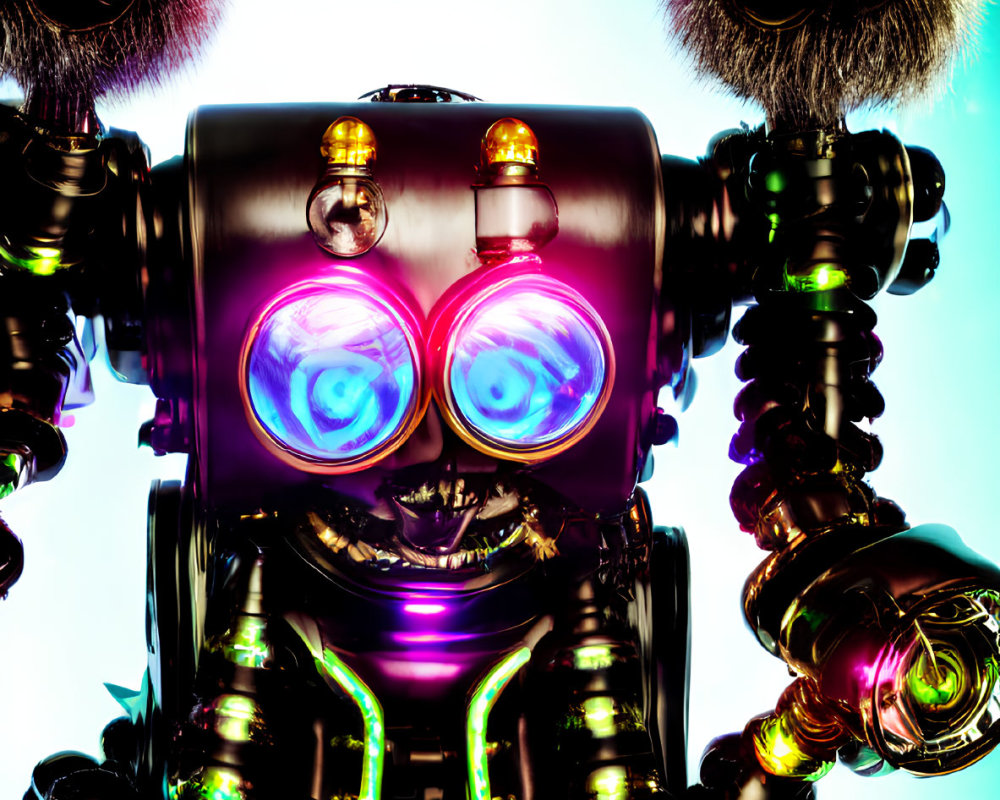 Futuristic robot with purple eyes and glossy black body on blue backdrop