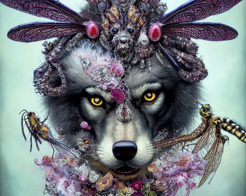 Wolf with Yellow Eyes and Ornate Headdress Surrounded by Insects and Flowers