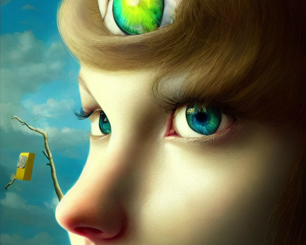 Surreal portrait of woman with large eye on forehead against cloudy sky