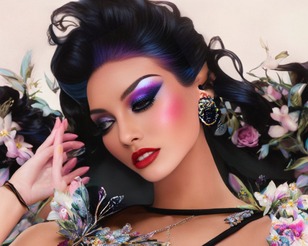 Woman in dramatic makeup and floral attire with eyes closed and hand on face