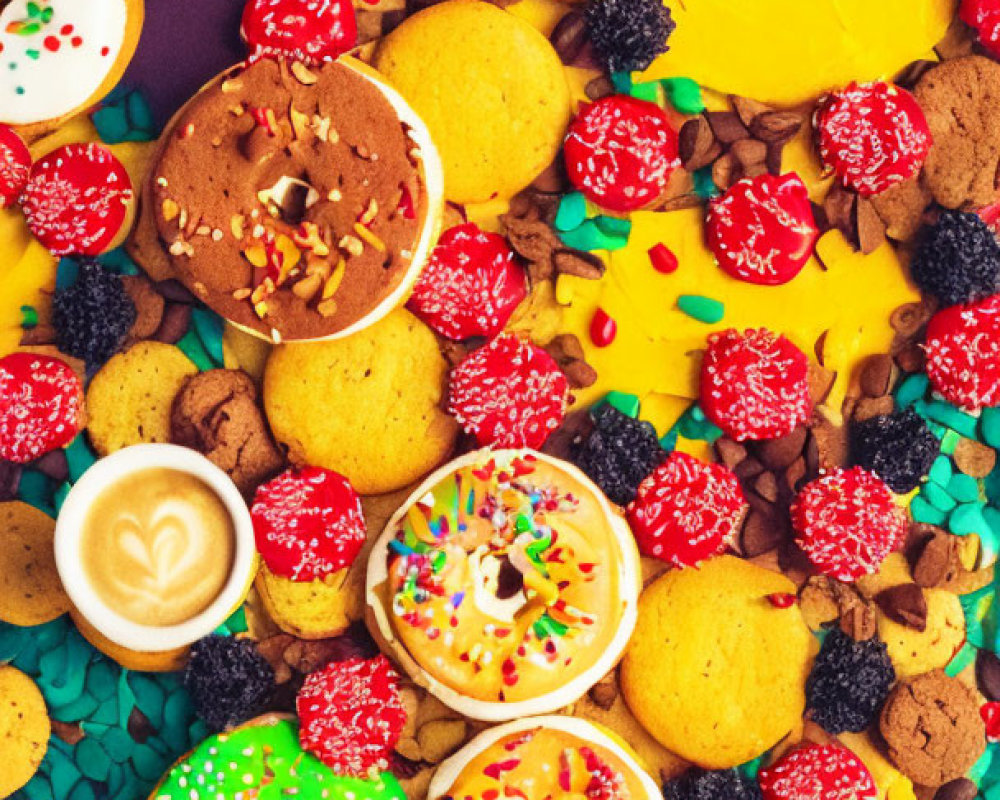 Assortment of colorful sweets with coffee cups on vibrant yellow backdrop
