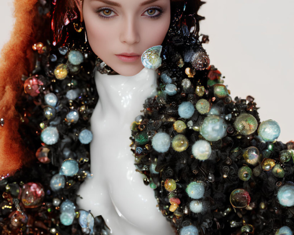 Striking green-eyed woman in vibrant attire with colorful spheres